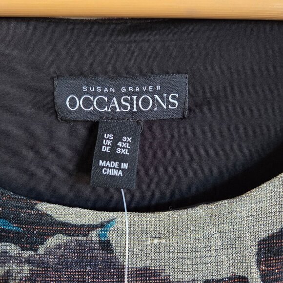 Susan Graver Occasions Foil Printed Knit Tie-Sleeve Blouse Top Plum/Teal 3X NWOT - Picture 2 of 11